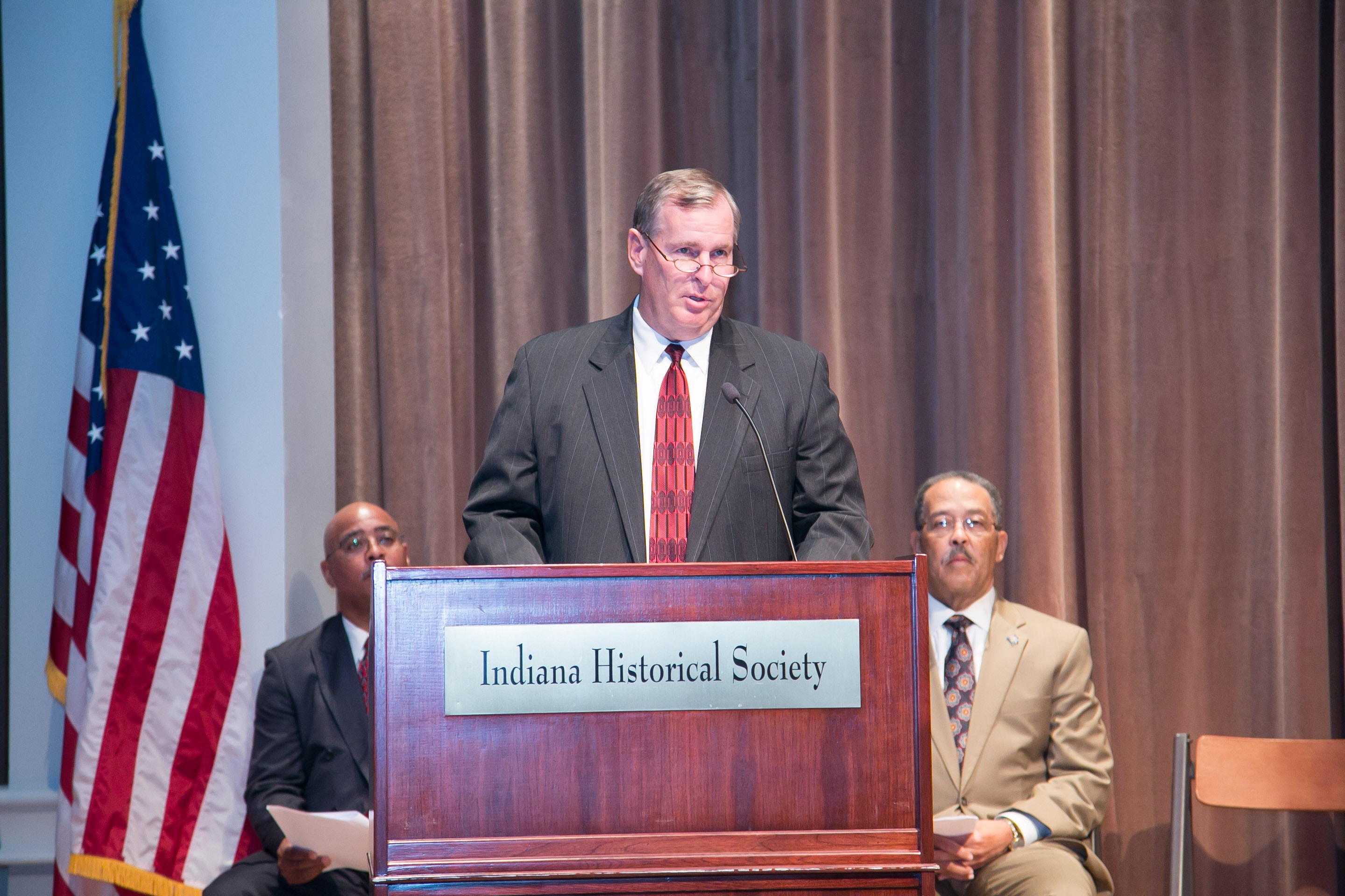 Man speaking at Indiana Historical Society podium